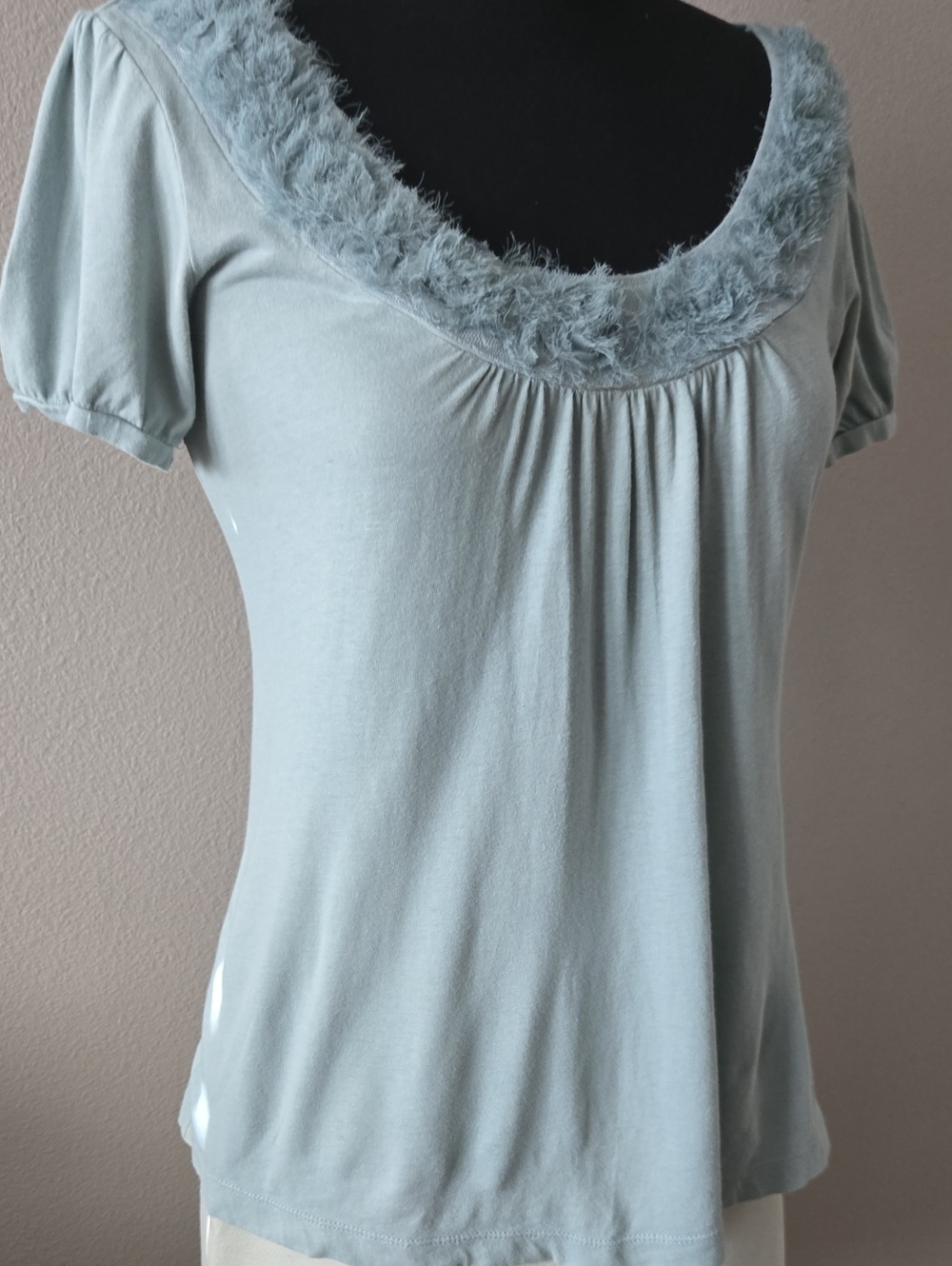 LOFT Light Sage Short Sleeve Top with Floral Bud Trim